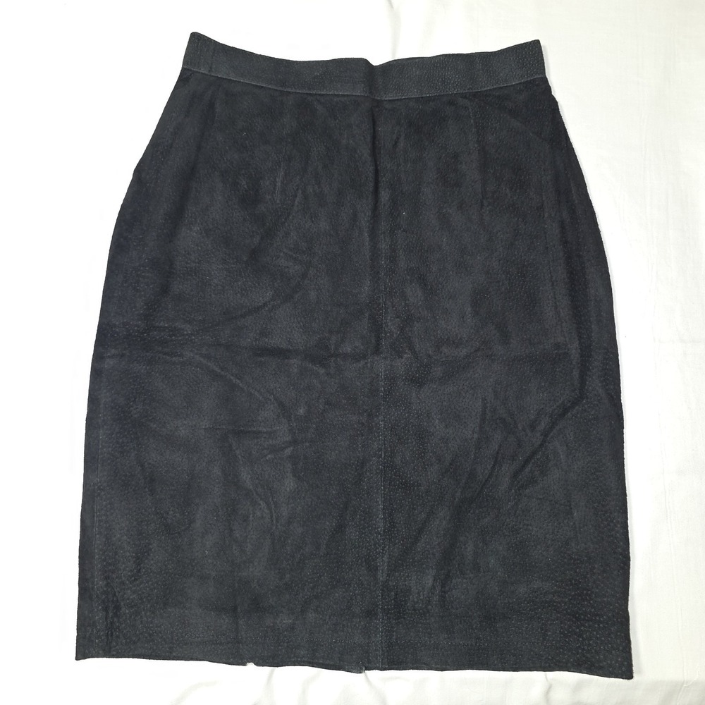 VTG G-III 1980s Black Leather Suede A Line Pencil Skirt Sz 9/10 Medium Snap Slit